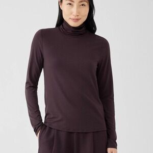 EILEEN FISHER Brown 100% Silk Jersey Cowl Neck Long Sleeve Top Women's Size M